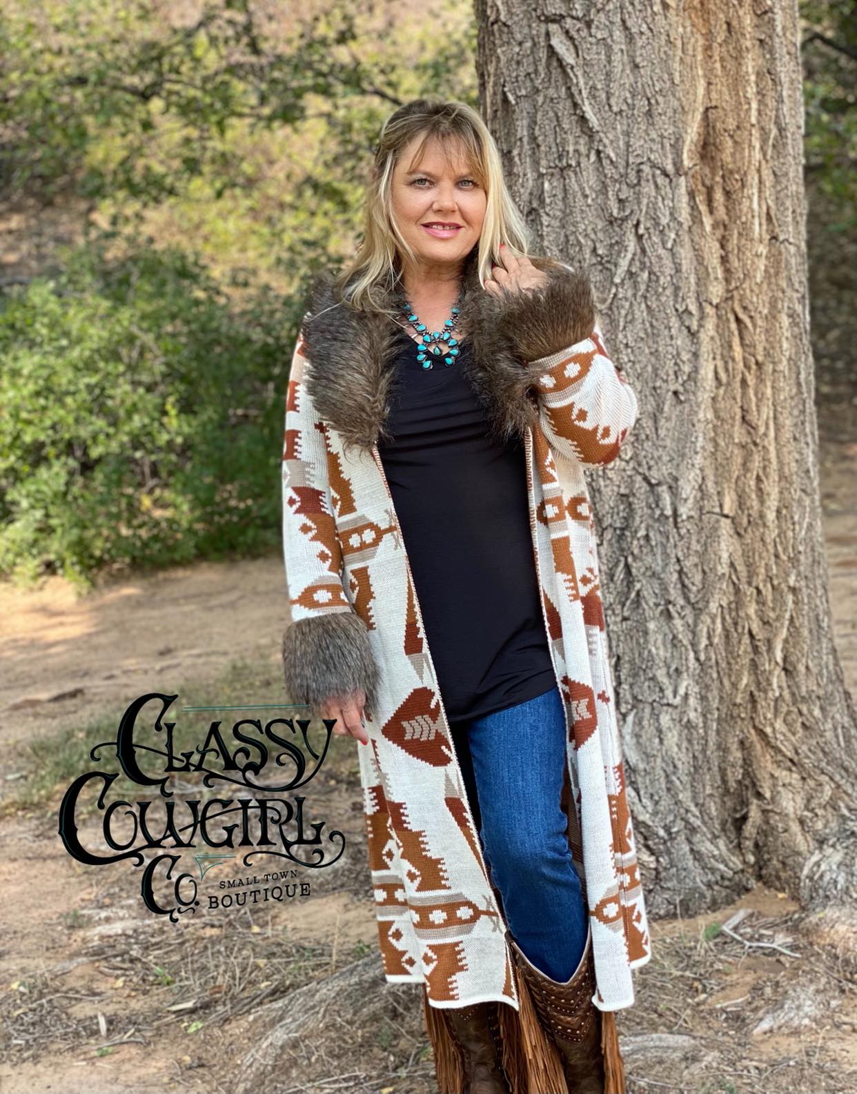 SALE- Classy Cowgirl Cream Sweater Duster with Fur (Small Only)