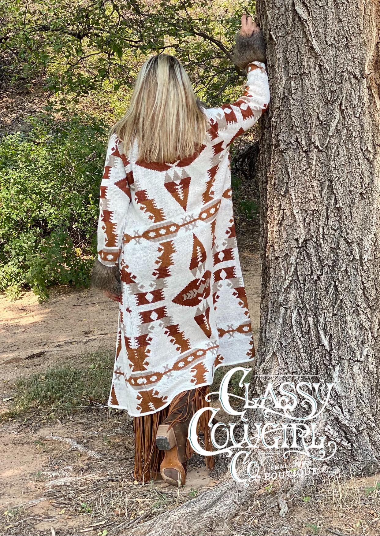 SALE- Classy Cowgirl Cream Sweater Duster with Fur (Small Only)