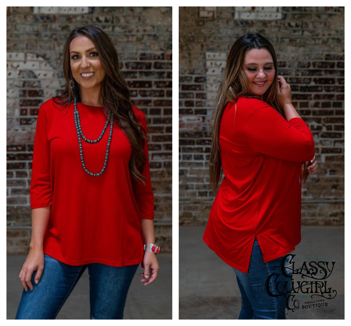 SALE- Red Scoop Neck 3/4 Sleeve Tunic with Side Slits