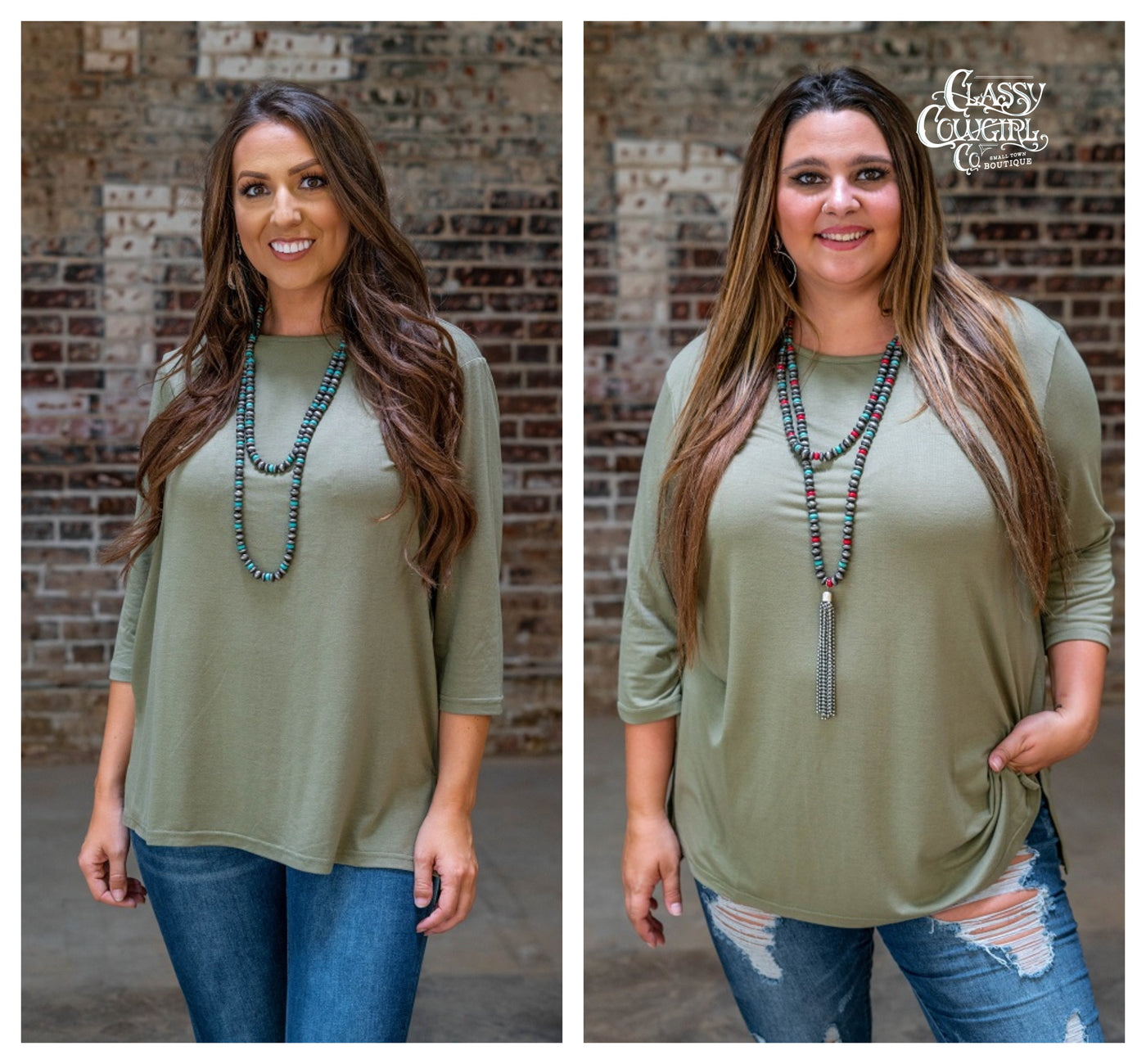 SALE- Light Olive Scoop Neck 3/4 Sleeve Tunic with Side Slits