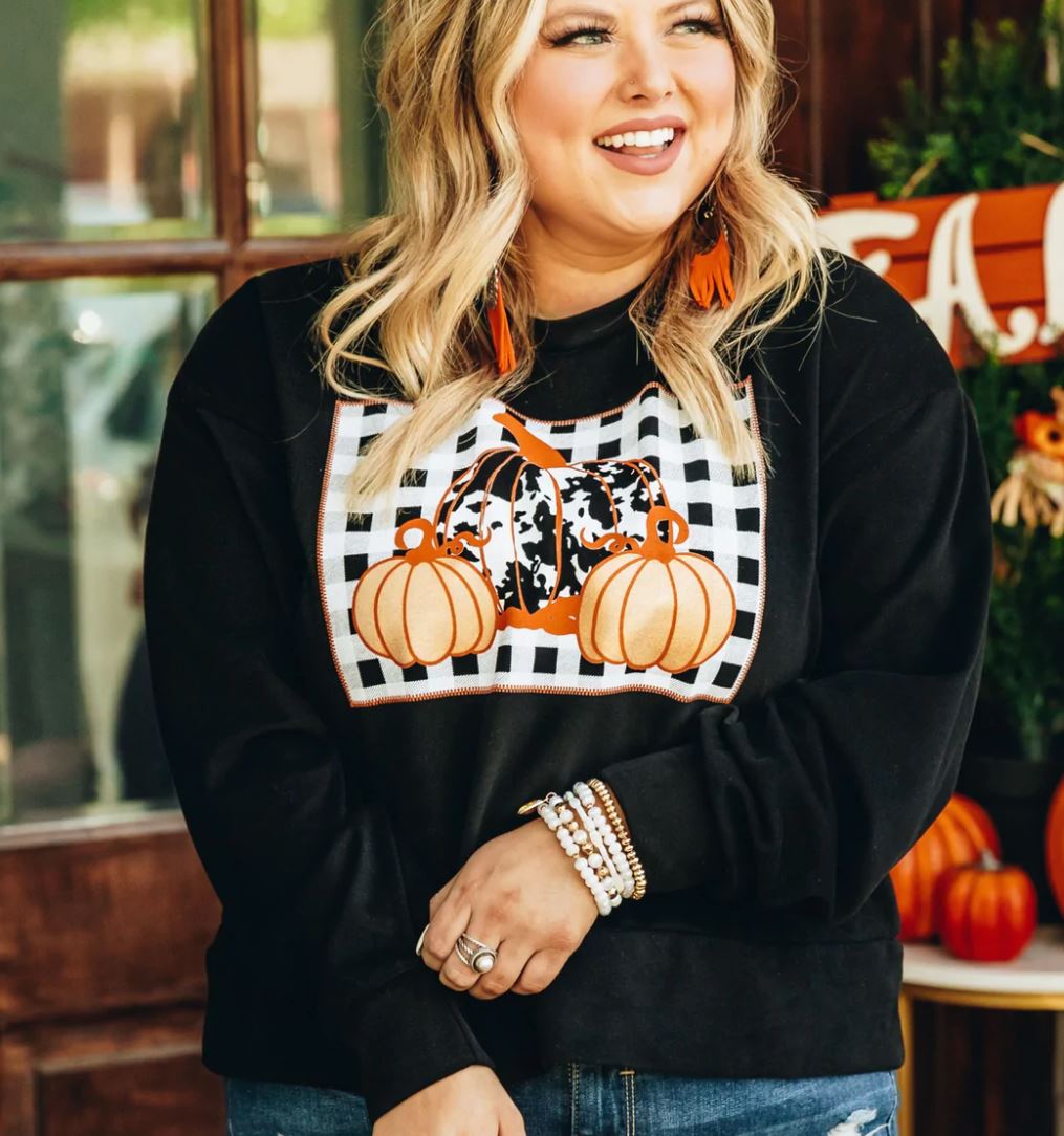 SALE- Cropped Sweatshirt with Cowprint & Gold Pumpkins