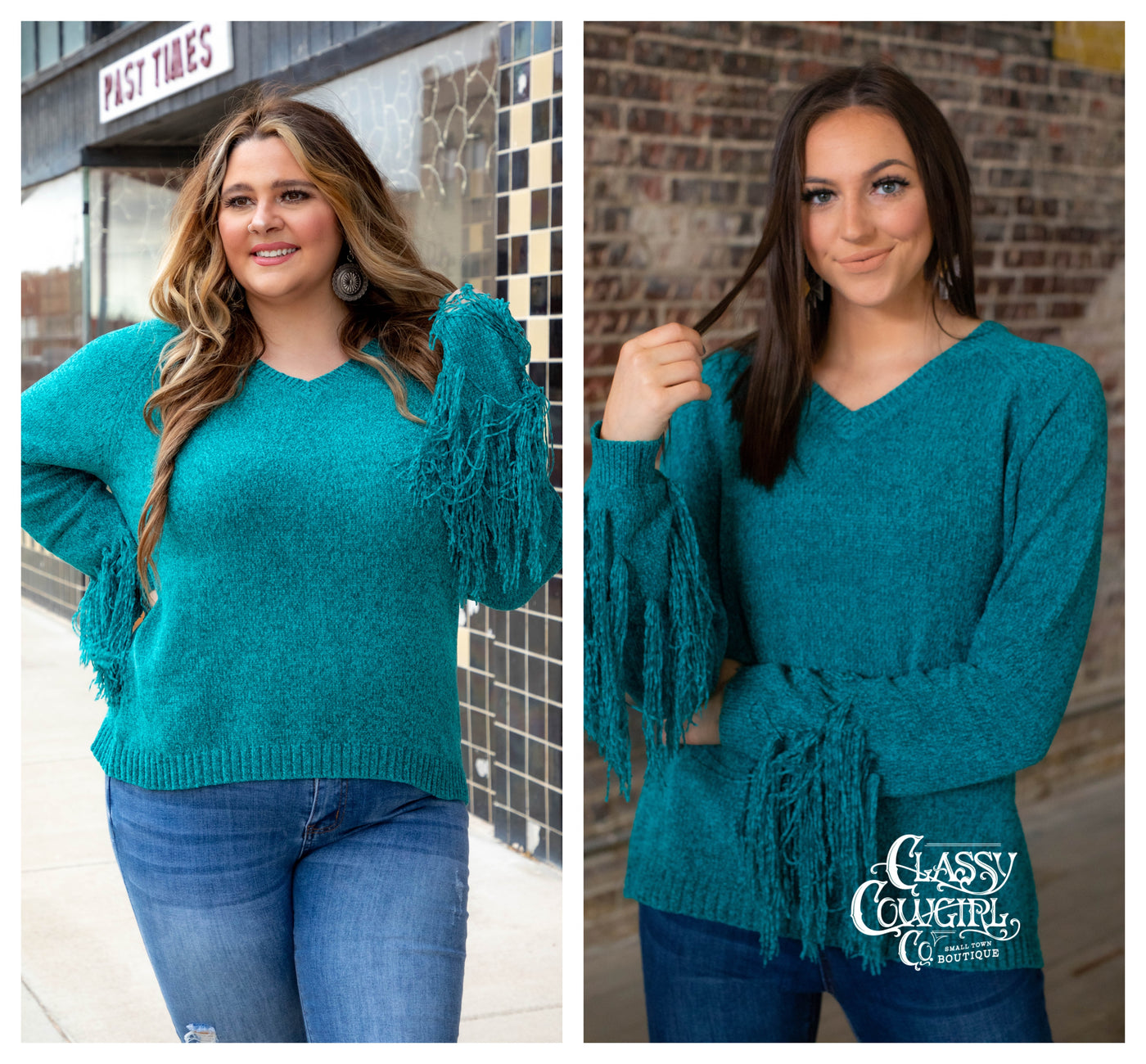 Teal Soft Sweater with Fringe Sleeve